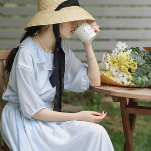 若溯法式复古蕾丝花边娃娃领衬衫女夏季2023短袖衬衣蓝色上衣