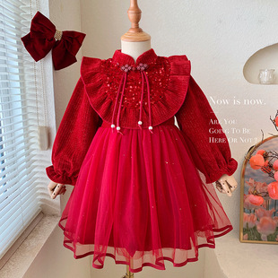 红色冬季小女孩拜年连衣裙，2023国风加绒长袖亮片，纱网纯色礼服
