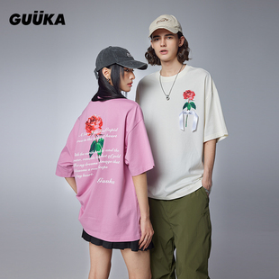 guuka烟粉色230克重磅短袖，t恤纯棉，情人节缎带玫瑰花上衣宽松