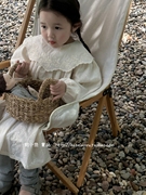 2023秋韩国女童装，花开小众森系文艺，宽松翻领刺绣蕾丝连衣裙