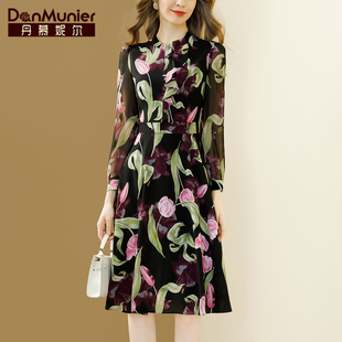丹慕妮尔法式优雅雪纺印花连衣裙，女春季气质荷叶边收腰中长裙