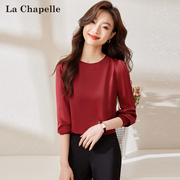 拉夏贝尔红色衬衫，女2023漂亮洋气高级感气质长袖衬衣雪纺上衣