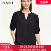 amii2024夏季v领灯笼袖，雪纺衫衬衫，女上衣小衫