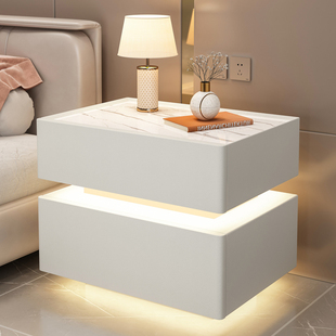 现代简约床头柜智能感应灯，卧室白色创意，全实木密码锁箱收纳柜