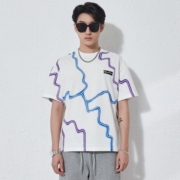 夏季男原创潮牌欧美高街嘻哈个性闪电印花撞色体恤纯棉短袖T恤衫