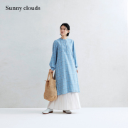 春季 桑妮库拉/Sunny clouds纯棉灯笼袖格子衬衫裙中长裙浅蓝