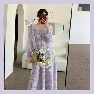 Dear Nana 9折 法式女蕾丝雪纺洋气紫色裙子甜美小清新两件套3797