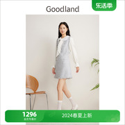 Goodland美地2024春季双层大翻领蕾丝花纱背心连衣裙