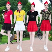 2022夏季迷彩短袖t恤短裙，套装女水兵舞，红色蕾丝花边半身裙两件套m