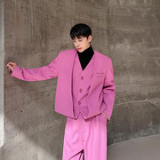 春季气质时髦粉紫色小众西服男韩版假两件拼接设计感时尚西装外套