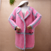 重磅加厚秋冬原单粉色长毛水貂绒中长款西装领开衫外套毛衣女L360