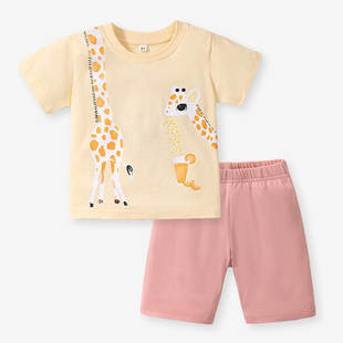 女童长颈鹿短袖t恤短裤，套装宝宝纯棉夏装，儿童半袖热裤两件套沙滩8