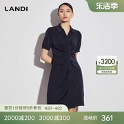 landi蓝地2023年夏季藏蓝色，小立领抽褶衬衫连衣裙女短袖裙子