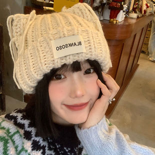 可爱猫耳朵帽子女冬季韩版百搭针织毛线帽显脸小加厚保暖护耳流苏