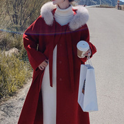 红色毛领双面羊毛大衣，2023冬季新韩版连帽高级感宽松斗篷毛呢