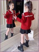 女童春装毛衣外套2023儿童洋气，女孩春秋学院风红色毛线针织衫