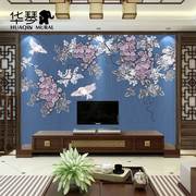 中式美式田园花鸟壁画，蓝色紫色怀旧客厅卧室影视，墙无纺布壁纸墙纸