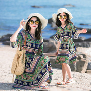 夏威夷海边度假亲子装连衣裙母女，民族风沙滩家庭装一家四口套装潮