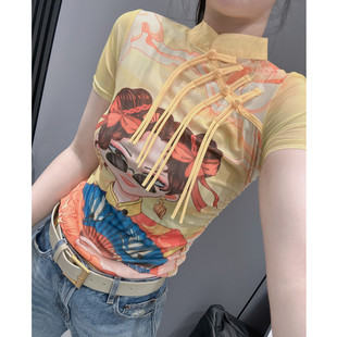 夏中式国风盘扣立领短袖T恤女欧货印花网纱紧身半袖流苏上衣