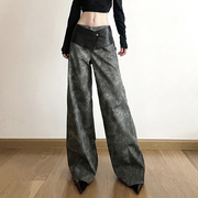 sylcue酷飒气质高级感pu皮裤，子女设计感显瘦阔腿裤复古风拖地长裤