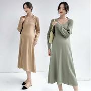 孕妇秋装卫衣中长款纯色连衣裙2023秋季小个子套装时尚两件套