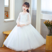 女童网纱蓬蓬晚礼服晚宴裙长长袖，演出服白色粉红色公主裙连衣裙