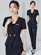 黑色短袖西装套装女夏季美容院工作服前台，接待职业装西服套裙