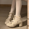 优雅日系!!甜美lolita单鞋女粗跟白色高跟鞋，圆头蝴蝶结绒面短靴