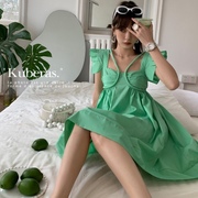蓝绿色沙滩旅游高级感法式小众设计飞飞短袖连衣裙潮仙女吊带裙女