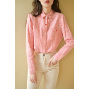 GESGOO粉色条纹衬衫女秋季通勤内搭衬衣设计感小众长袖亚麻上衣潮