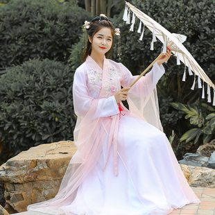 古装女仙女飘逸中国风，套装樱花超仙气汉服，表演古筝演出服装套装夏