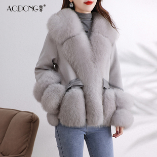 海宁皮草羽绒服女短款韩版狐狸，毛领一体加绒保暖时尚洋气外套