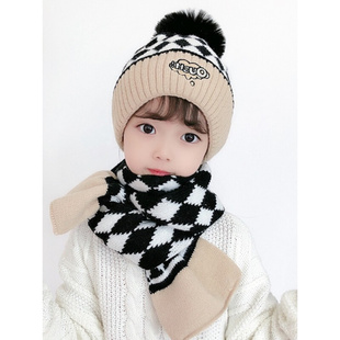 韩国儿童帽子围巾两件套装，女童针织毛线，帽女孩宝宝保暖护耳套头帽