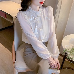 新中式刺绣长袖雪纺衬衫女春装2024年设计感上衣国风气质小衫