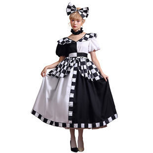 万圣节皇后大蝴蝶结裙女王cosplay表演服装黑白色棋盘格子连衣裙