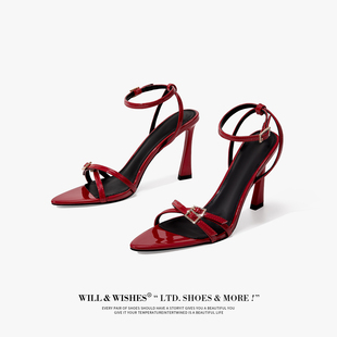 willwishes2023性感细带凉鞋，女细跟一字带，红色高跟鞋名媛风