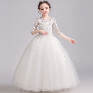 女2023夏白色生日公主裙钢琴演出礼服大童大码主持表演服装舞台装