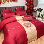 新中式婚庆床单被套四件套60长绒棉大红色刺绣结婚用床上用品纯棉