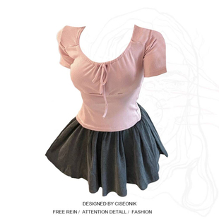 大码胖mm芭蕾风少女穿搭夏季粉色修身短袖T恤+灰色短裙两件套