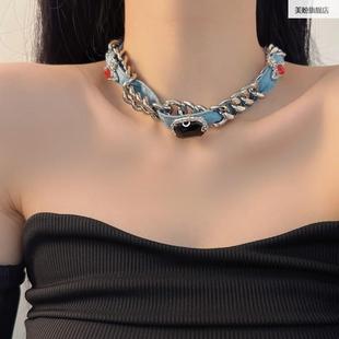 红蓝宝石元素钛钢项链ins超火欧美嘻哈造型粗链条时髦感项饰个性