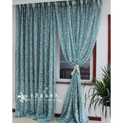 粘贴窗帘布料，简约地中海亚麻纱客厅落地窗蓝色，成品免打孔