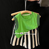 韩版童装男童夏装套装宝宝纯棉，绿色纯棉背心，宝宝条纹短裤两件套潮