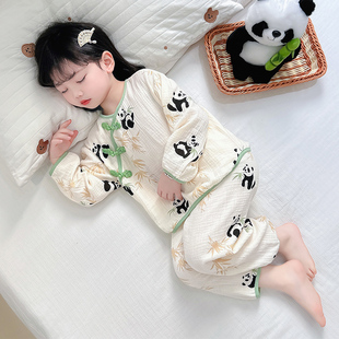 女童睡衣春秋纯棉2024棉纱布，熊猫宝宝女孩，长袖夏季儿童空调服