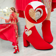 冬季婚鞋女2023年粗跟结婚秀禾高跟秀禾服新娘鞋红色婚纱两穿