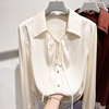 2024韩国气质显瘦翻领系带，纯色单排扣长袖，雪纺衬衫女春季