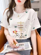 香港纯棉白色短袖t恤女2024年夏季宽松刺绣休闲百搭体恤上衣
