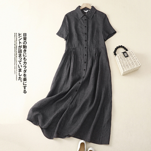 高级感纯色气质棉麻连衣裙女夏短袖2023韩版设计感小众衬衫裙