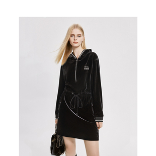 意大利设计朗姿复古丝绒黑色裙子女2023年冬季长袖连衣裙