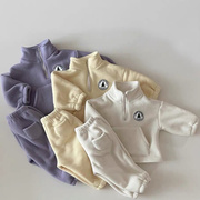 韩版ins婴幼童装加绒加厚时尚套装冬摇料绒高领卫衣裤子两件套
