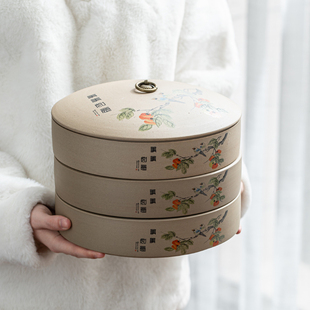 晨翔粗陶普洱茶饼罐茶叶，收纳盒陶瓷茶罐家用储存罐子带盖可叠层